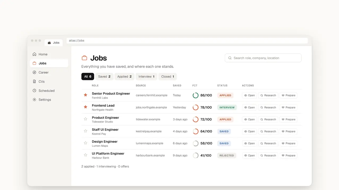 Atlas showing a Jobs list with fit scores and application status for each saved role
